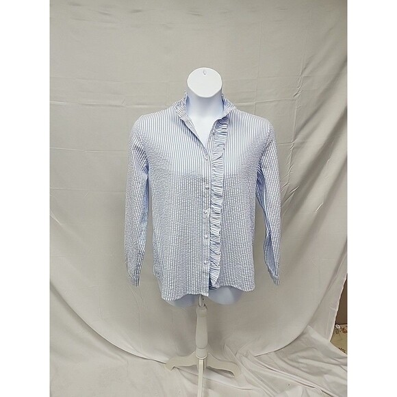 Tops - Women’s  Blue/White Striped Ruffle Detail  seersucker Button Up Blouse size XXL